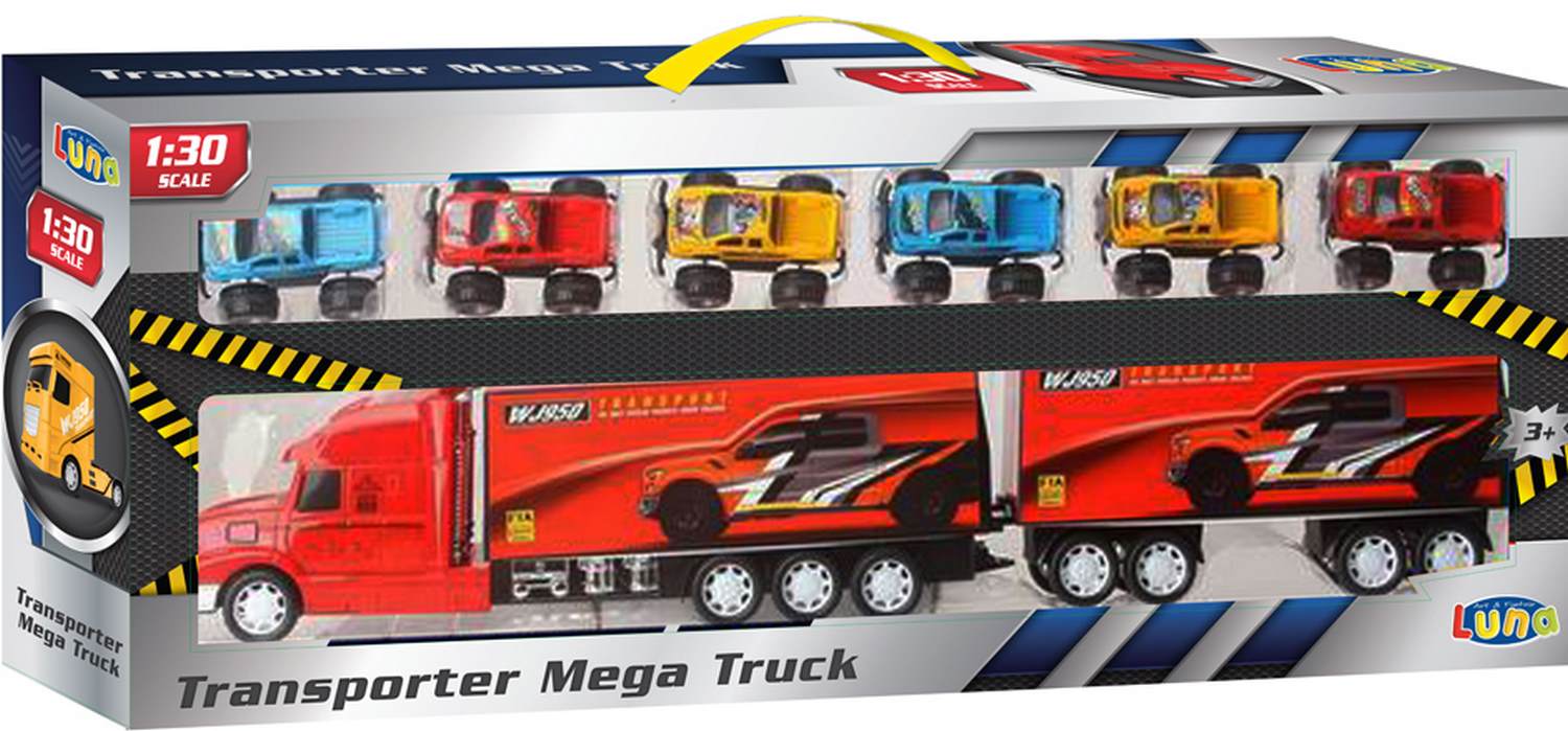 Luna Transporter 41 cm Mega Truck LKW Lastwagen Auflieger und 2 Rennwagen 3J 